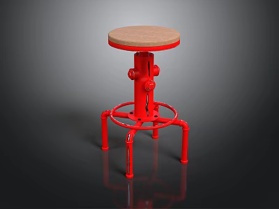 Red Stool With Wooden Seat And Metal Frame Featuring Adjustable Knobs And Four Legs 3d model