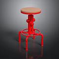 Red Stool With Wooden Seat And Metal Frame Featuring Adjustable Knobs And Four Legs