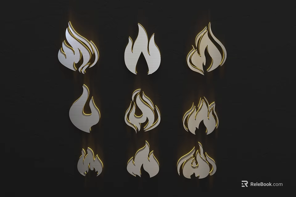 Modern Flame Shaped Wall Decor With Various Designs And White Gold Trim 3d model 