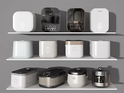 Modern Kitchen Appliances With Various Designs And Colors Displayed On White Shelves 3d model