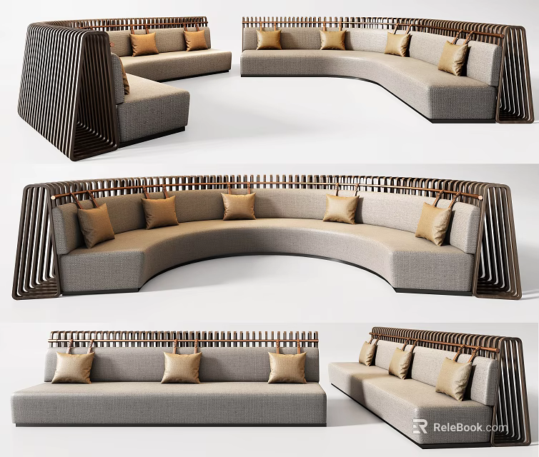 Modern Curved And Linear Sofa Set With Wooden Frame And Beige Throw Pillows 3d model 
