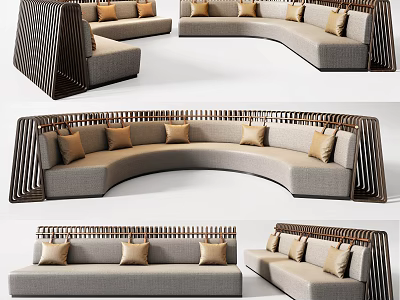 Modern Curved And Linear Sofa Set With Wooden Frame And Beige Throw Pillows 3d model