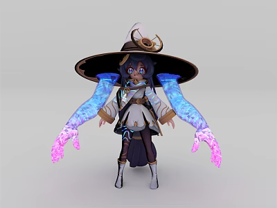 Cartoon Style Fantasy Game Character With Wide Brim Hat And Glowing Blue Pink Arms 3d model