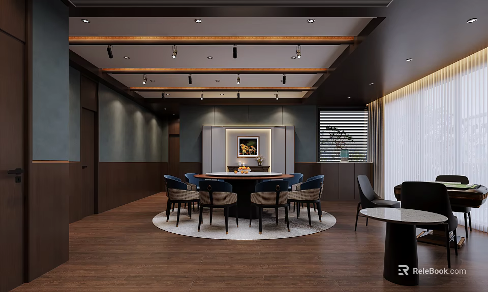 Elegant Private Dining Room With Round Table Chairs Ceiling Pendant Lights And Decorative Painting 3d model 