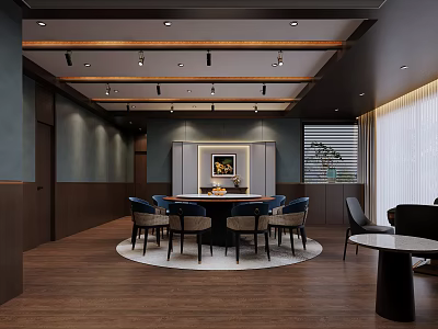 Elegant Private Dining Room With Round Table Chairs Ceiling Pendant Lights And Decorative Painting 3d model