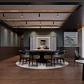 Elegant Private Dining Room With Round Table Chairs Ceiling Pendant Lights And Decorative Painting
