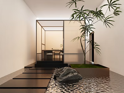 Modern Tea Room Interior Open Layout With Glass Partition Green Plant Stone And Water Feature 3d model