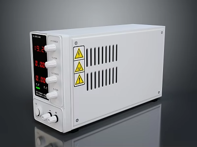 White Electronic Device With Digital Display Knobs Ventilation Slots And Warning Labels 3d model