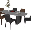 Modern Oval Dining Table Set with Marble Top Multi Colored Chairs Vase and Fruit Bowl 3d model