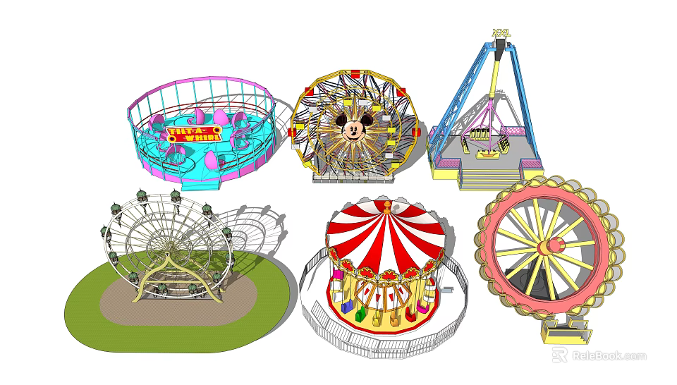 Exciting Amusement Rides In Theme Park Featuring Ferris Wheel Carousel Roller Coaster And Pirate Ship 3d model 