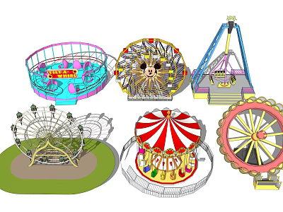 Exciting Amusement Rides In Theme Park Featuring Ferris Wheel Carousel Roller Coaster And Pirate Ship 3d model