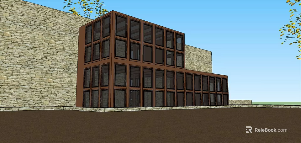 Modern Detached Villa Exterior With Large Glass Windows And Stone Wall 3d model 