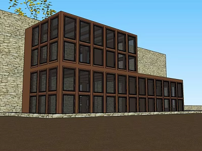 Modern Detached Villa Exterior With Large Glass Windows And Stone Wall 3d model