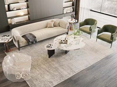 Beige Sofa And Marble Coffee Table With Green Accent Chairs Area Rug And Natural Light 3d model