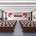 Spacious Conference Room Interior With Neatly Arranged Tables Chairs Large Screen Wooden Walls And Windows