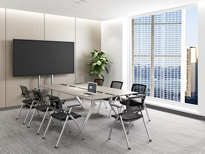 Modern Conference Room Interior With Large Display Screen Long Table Black Chairs And City View 3d model