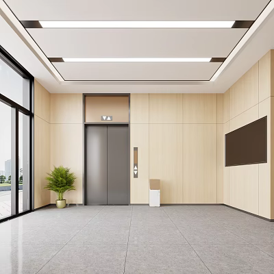 Modern Elevator Lobby With Wooden Walls Large Windows Green Plant And TV Screen 3d model