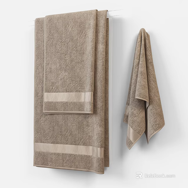 Soft Brown Textured Bath Towels With Decorative Stripes Hanging On Wall 3d model 