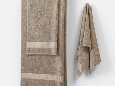Soft Brown Textured Bath Towels With Decorative Stripes Hanging On Wall 3d model