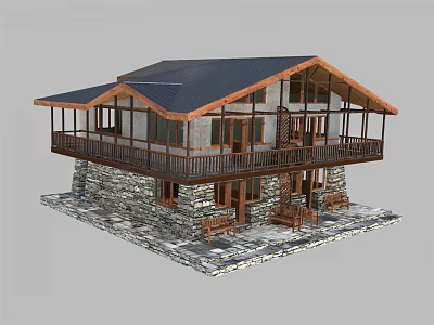 Two Story Detached Villa With Dark Roof Wooden Frame Stone Walls And Front Balcony 3d model
