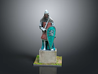 Medieval Knight Statue Wearing Armor Holding Green Shield On Stone Base 3d model