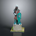 Medieval Knight Statue Wearing Armor Holding Green Shield On Stone Base