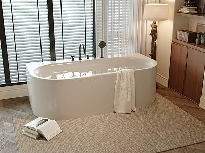 White Bathtub with Hanging Towel on Rug Near Window Blinds and Wooden Cabinet 3d model