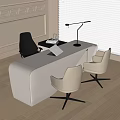 Modern Curved White Office Desk With Beige Black Chairs Desk Lamp And Window Blinds