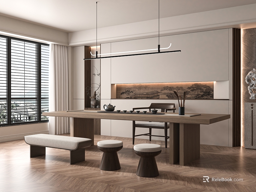 Elegant Tea Room Interior With Long Wooden Table Tea Sets Bench Stools And Wall Art 3d model 