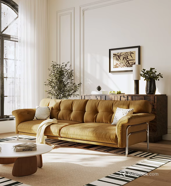 Modern Amber Velvet Sofa And Coffee Table Set In Bright Living Room With Potted Plant 3d model 