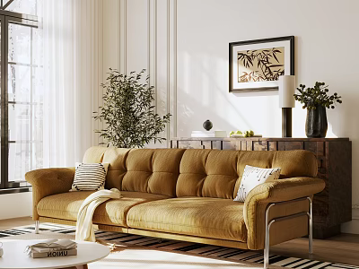 Modern Amber Velvet Sofa And Coffee Table Set In Bright Living Room With Potted Plant 3d model