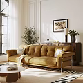 Modern Amber Velvet Sofa And Coffee Table Set In Bright Living Room With Potted Plant