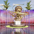 Golden Head Sculpture with Curved Decorations Marble Base Water Pool Palm Trees Purple Pink Backdrop