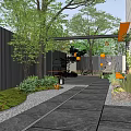 Modern Garden Landscape Design Around Contemporary Building With Green Lawn And Trees