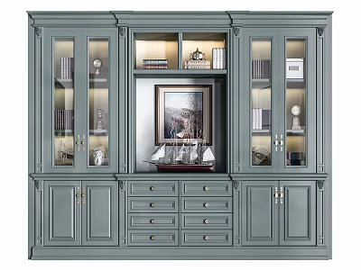 Elegant Grey Bookcase With Glass Door Cabinets Shelves And Decorative Items 3d model