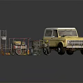 Yellow Vintage Car With Repair Tools Ladder Air Pump And Oil Drum Maintenance Scene