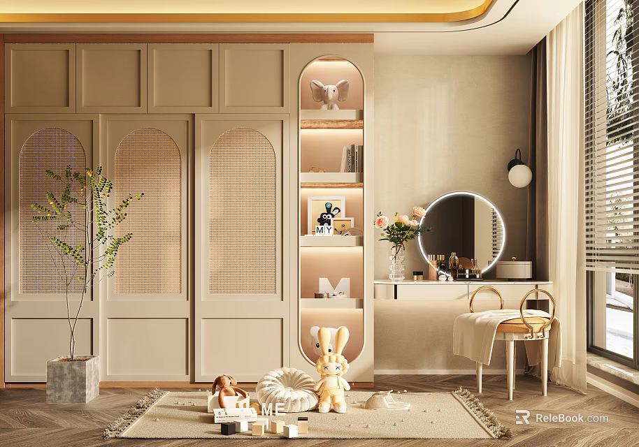 Beige Arched Door Wardrobe With Dressing Table Mirror Green Plant And Stuffed Toys 3d model 