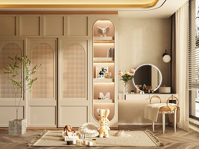 Beige Arched Door Wardrobe With Dressing Table Mirror Green Plant And Stuffed Toys 3d model