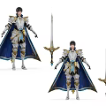 Game And Movie Character Wearing Blue Cape Golden Decor Armor Holding Long Sword Different Poses