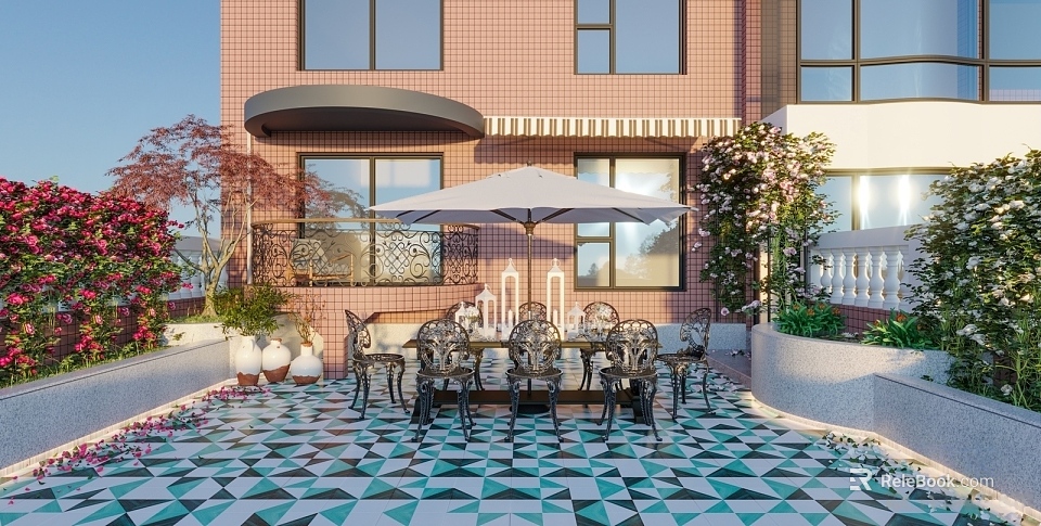 Colorful Geometric Tiled Courtyard Garden With Metal Dining Set White Parasol And Red Brick Building 3d model 