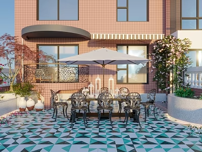 Colorful Geometric Tiled Courtyard Garden With Metal Dining Set White Parasol And Red Brick Building 3d model
