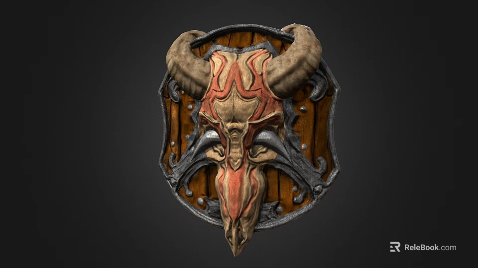 Fantasy Shield Featuring Horns Skull Red Brown Wooden Frame And Metal Decorations 3d model 