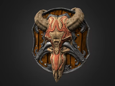 Fantasy Shield Featuring Horns Skull Red Brown Wooden Frame And Metal Decorations 3d model
