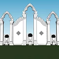 Traditional White Arch City Architecture With Blue Diamond Decor And Flower Pots On Green Lawn