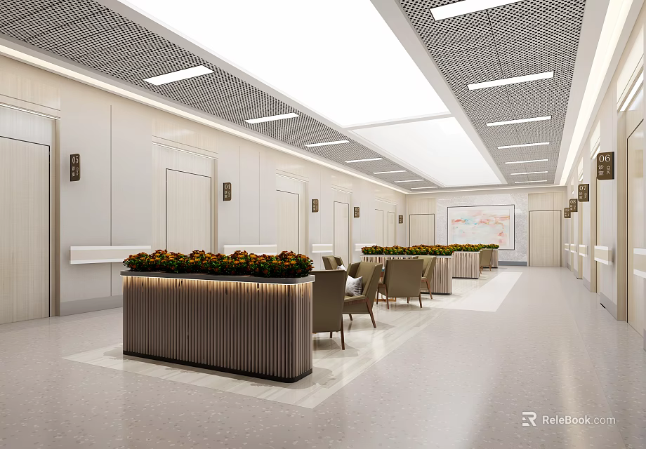 Spacious Modern Lounge Area With Comfortable Seats Green Plant Decor And Ceiling Lights 3d model 
