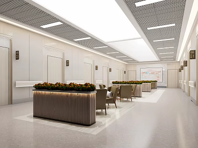 Spacious Modern Lounge Area With Comfortable Seats Green Plant Decor And Ceiling Lights 3d model