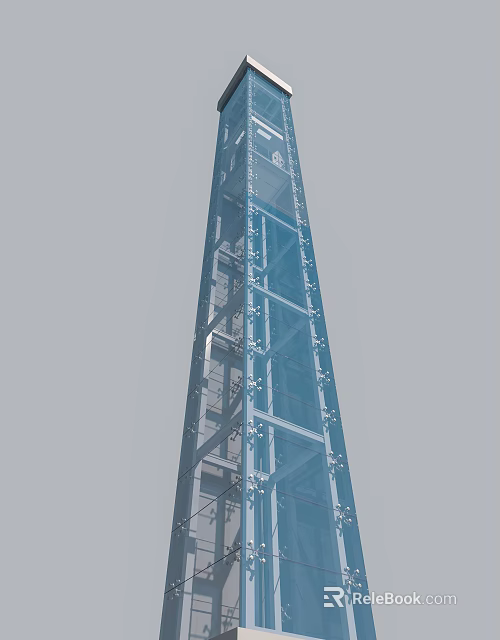 Modern Glass Elevator In High Rise Building With Transparent Panels And Structural Design 3d model 