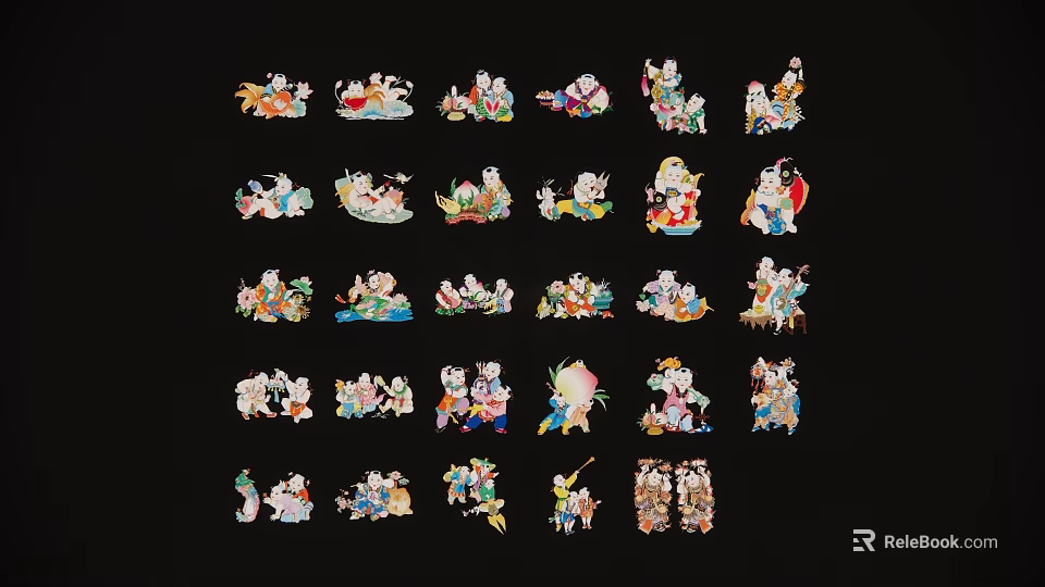 Colorful Traditional Cartoon Character Pendants Arranged On Black Background 3d model 