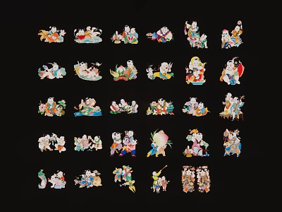 Colorful Traditional Cartoon Character Pendants Arranged On Black Background 3d model