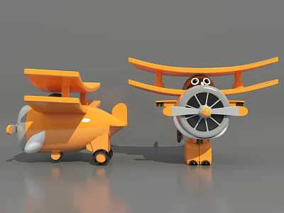 Cartoon Orange Airplane Characters With Biplane Design Propeller Big Eyes And Wheels 3d model